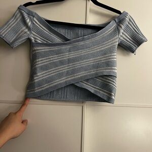 Aerie Blue and White Striped Off-Shoulder Crop Top